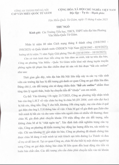 CÔNG AN PHƯỜNG VĂN MIẾU - QUỐC TỬ GIÁM CẢNH BÁO THỦ ĐOẠN LỪA ĐẢO BẮT CÓC ONLINE, BẮT CÓC TRỰC TIẾP