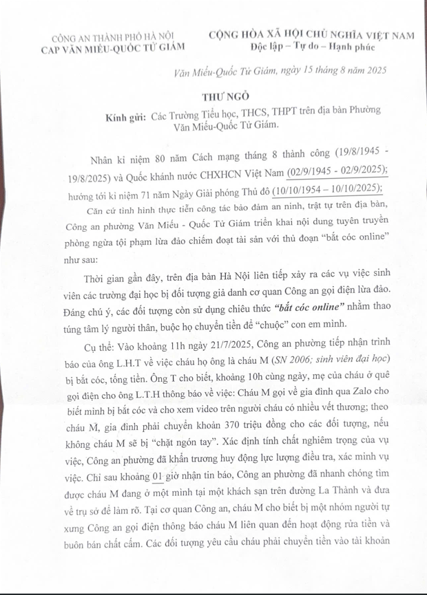 CÔNG AN PHƯỜNG VĂN MIẾU - QUỐC TỬ GIÁM CẢNH BÁO THỦ ĐOẠN LỪA ĐẢO BẮT CÓC ONLINE, BẮT CÓC TRỰC TIẾP